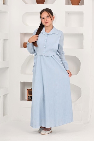 Kız Çocuk Uzun Boy Gofre Kumaş Jile & Elbise İki Parça Takım Astarlı Zarif Set-4948 Bebe Mavi