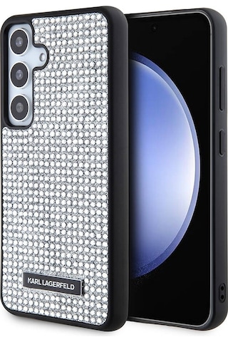 Galaxy S24 Uyumlu Kılıf Taşlı Metal Logo Lisanslı Kapak Gümüş