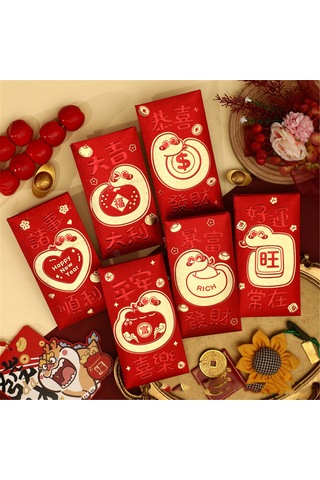 Jeemson 2025 Yılı Yılan Burcu Kırmızı Zarf Seti - Kalın Perlite Kağıt, Isı Baskılı Desenler, 6 Adet - Çok Amaçlı Yeni Yıl, Düğün, Doğum Günü