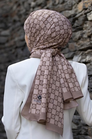 Vissona Lüks Medine İpeği Monogram Desenli Taş Renkli 75x195 Kırışmaz Şal Moss Krep Dikiş Tipi İtalyan Dikişli Çok Renkli