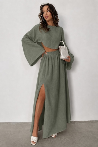 Unika Boutique Ham Keten Bohem Bluz Etek Takım Acık Haki