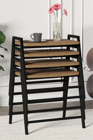 Zigon Sehpa , Aden 4'lü Tepsi Zigon Sehpa Takımı Siyah Metal - Atlantik Çam Tabla Siyah-atlantik Çam