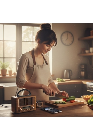 River World Radyo Nostaljik Retro Ahşap Tasarım Şarjlı Bluetooth Hoparlörlü Küçük Boy
