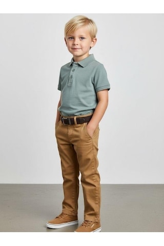 Zekids Erkek Çocuk Kemerli Gabardin Pantolon-16347 Bej