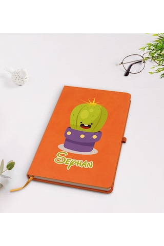 Kişiye Özel Kaktüs Tasarımlı Turuncu Termo Deri Defter Model 10