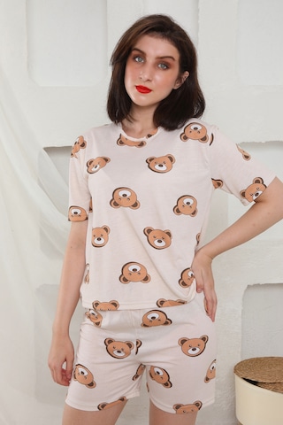 Fames Pijama Yazlık Desenli Loose Crop Şortlu Pijama Takım Krem