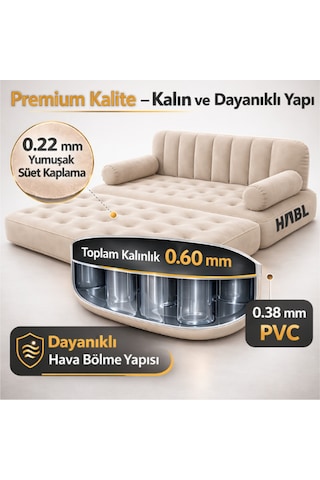 Çift Kişilik 2 Si 1 Arada Kendi Kendine Şişen Şarjlı Şişme Koltuk Ve Yatak 190x150x65cm Bej