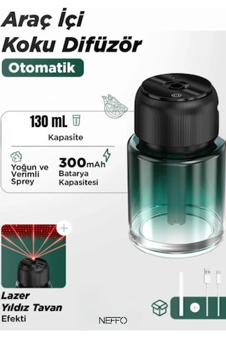 Şarjlı Araç İçi Parfüm Difüzörü Kokulu Hava Nemlendirici 130 Ml Humudifier Yıldız Tavan Lazer