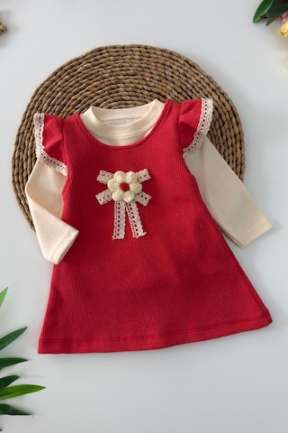 Miniğimin Cicileri Çiçek Detaylı Kız Bebek 2 Li Elbise Takım... Kırmızı