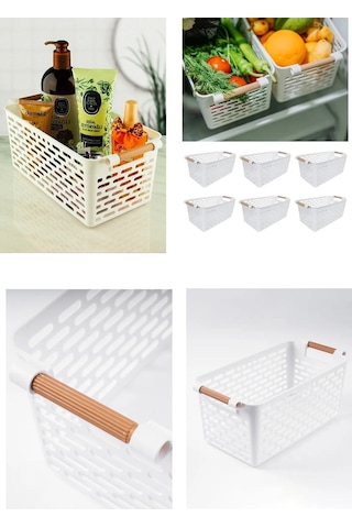 Toptanfoni 4 Adet Ahşap Renk Plastik Saplı Organizer Sepet Düzenleyici Beyaz Siyah