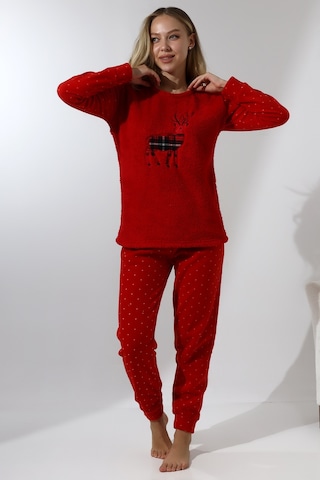 Fawn 5016 Peluş Welsoft Polar Kışlık Yumoş Geyikli Kadın Pijama Takımı Kırmızı