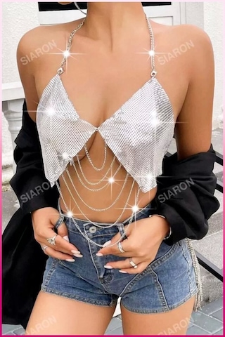 Najmaddin.com Beru Kadın Gümüş Düz Zincir Detaylı Askılı Crop Bluz Metal Dokulu Şık Parti Festival Club Konser Üstü Standart