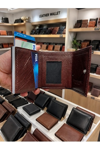 Newish Polo Mekanizmalı Rfid Özellikli Cüzdan Kredi Kartlık - Hakiki Deri Koyu Kahverengi