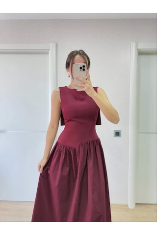Krep Arkası Kanat Arka Ön Pens Detaylı Uzun Kadın Elbise - Bordo Bordo