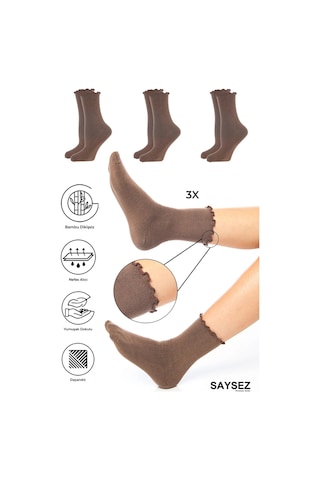 Bambu Kadın Lastiksiz Kahve Fırfırlı Soket Dikişsiz Çorap 3'lü Paket / İz Bırakmaz / Sıkmayan Çorap Renkli