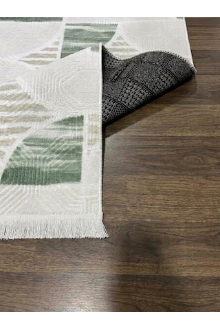 Krem Yeşil Saçaklı Modern Yıkanabilir Kabartmalı Kaymaz Taban Kesme Halı Yolluk