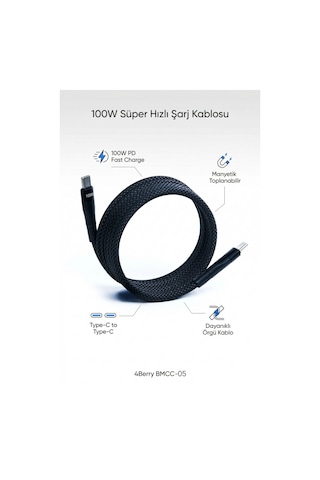 Bmcc05 100w Type-c Şarj Kablosu Manyetik Sarılabilir, Pd Hızlı Şarj, Dayanıklı Örgü 1,5 Metre Siyah