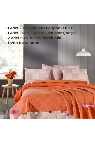 Madam Marica Kiremit Renkli Çift Kişilik Ponponlu Pike Takımı Kiremit