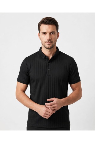 Özeniş Erkek Polo Yaka Slim Fit Çizgili Desen Kaşkorse T-shirt Siyah