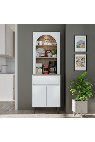 60 Cm Ledli Kahve Köşesi, Çok Amaçlı Dolap,2 Kapaklı 1 Çekmeceli Kiler Dolabı,mutfak Dolabı Atlantik Çam - Beyaz