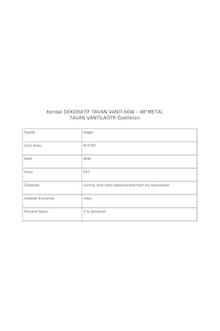 3 Kanatlı Metal Dekoratif Tavan Vantilatörü 60w Kcf287