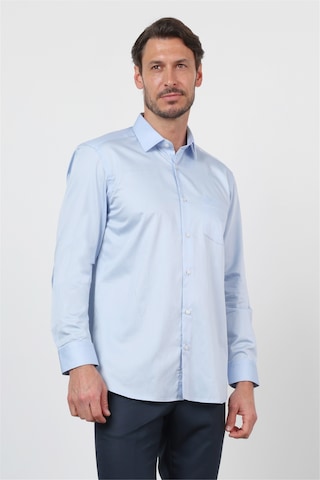 İmza Koyu Mavi Sert Yaka Uzun Kol Cepli Saten Comfort Fit Pamuk Gömlek 1004260423 2XL