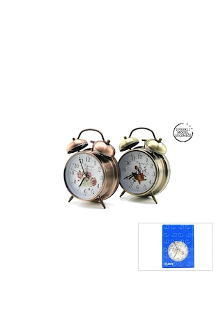 Lunaev Twın Bell Alarm Clock Yuvarlak Masa Çalar Saat Metal Kasa Eskitme Desenli Pilli - Işıklı Çap: .