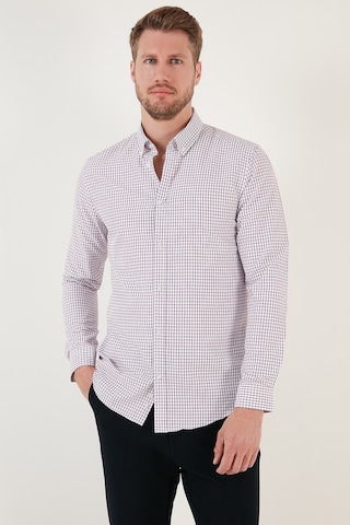 Buratti Desenli Pamuk Karışımlı Düğmeli Yaka Uzun Kollu Slim Fit Erkek Gömlek Cf23S7496 Lacivert-Kırmızı