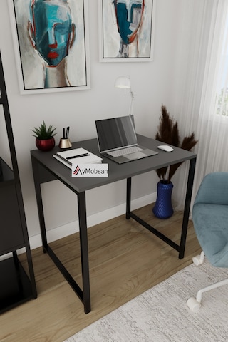 Selin Metal Ayaklı Çalışma Masası Antrasit Suntalam, Siyah Ayak, Modern Ofis & Ev Masası Antrasit