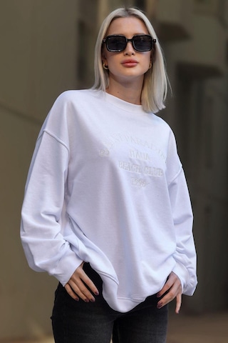 Madmext Beyaz Bisiklet Yaka Baskılı Sweatshirt Mg1924 Mavi