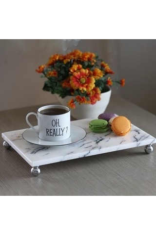 Akayev Mermer Leylak 30x20 Cm Gümüş Boncuk Ayak Sunum Tabağı Beyaz