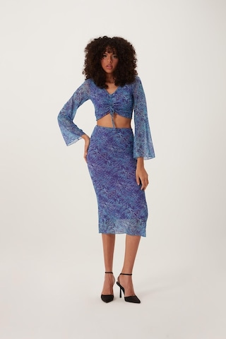 Quhox Kadın Ön Astarlı Mesh Crop Bluz Mavi