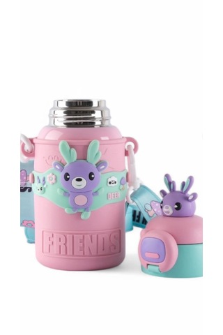 Denizhomecollection 450ml 316 Paslanmaz Çelik Çocuk Termosu, Karikatür Hayvanlar Öğrenci Termosu 1 Kat Pembe