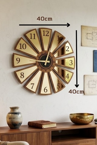 Dekoratif Ahşap Duvar Saati Parçalı Tasarım Modern Duvar Saati Sessiz Mekanizmalı 40x40cm Ahşap - Altın