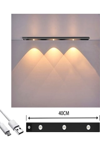 Slim Led Kabin Armatürü Hareket Sensörlü Dekoratif Gece Lambası Usb Şarjlı Aydınlatma 40 Cm Siyah 3w Siyah