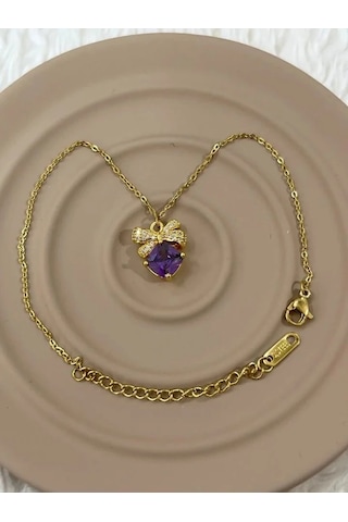 Premium Gold Renk Şık Ve Parlak 316l Çelik Fiyonk Ve Mor Taşlı Halhal 25cm Altın