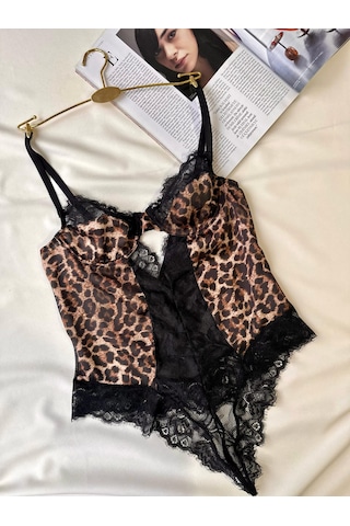 Leopar Tül Dantel Tanga Bodysuit Ve Leopar Dantel Detaylı Sütyen Takımı