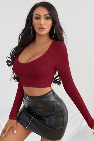 Moda Dua Kadın Bordo Uzun Kol Kare Yaka Crop Top Bluz