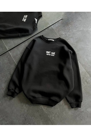 Mbb E-ticaret Kadın Bisiklet Yaka 3 İplik Pamuklu Baskılı Oversize Sweatshirt - Siyah