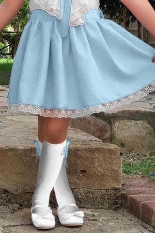 Riccotarz Kız Çocuk V Yaka Omuzları Ve Etek Ucu Dantel İşlemeli Mavi Elbise Mavi