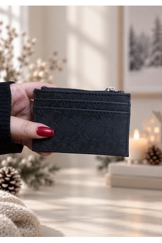 Elpida Bags Kabartma Dokulu Fermuarlı Siyah Deri Kartlık SİYAH