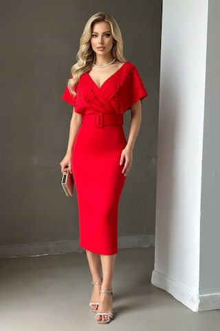 Defymoda Kadın Kalem Formlu Kemerli Zarif Elbise Kırmızı