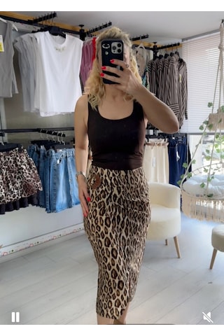 Leopar Tokalı Etek Kahverengi