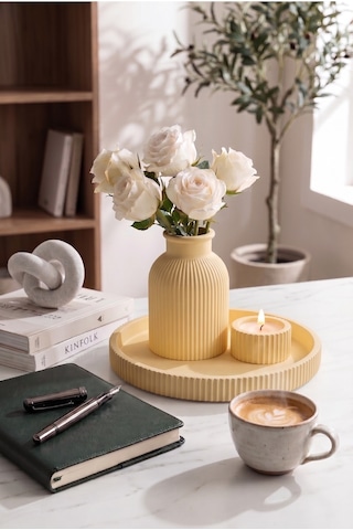 Senfoni Vazo Dekoratif Set - Modern Minimalist Estetik Tasarım Dekoratif Set - Pilli Mum, Mumluk Ve Tepsi Dahil Ev Ofis Salon Dekorasyonu İçin Şık Kompozisyon - Ahenk Tasarım Bej