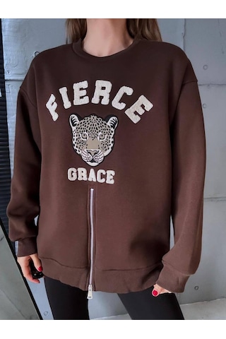Fermuarlı Leopar Baskılı Oversize Siyah Sweat Kahve