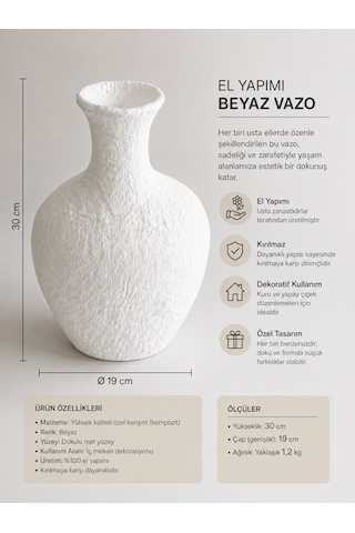 El Yapımı Beyaz Dekoratif Vazo 30 Cm Kırılmaz Modern Salon Konsol Vazosu Dokulu Tasarım Çiçeklik El Yapımı Beyaz Dekoratif Vazo 30 Cm Kırılmaz Modern Salon Konsol Vazosu Dokulu Tasarım Çiçeklik