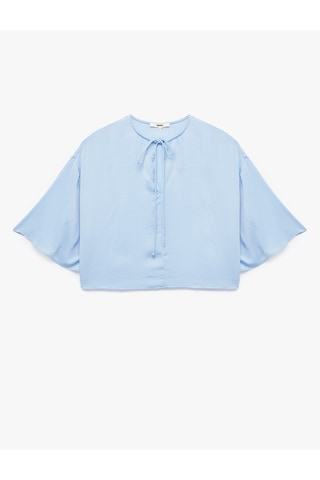 Koton Yuvarlak Bağlamalı Yaka 3/4 Yarasa Kol Oversize Bluz Mavi 5sak60224pw