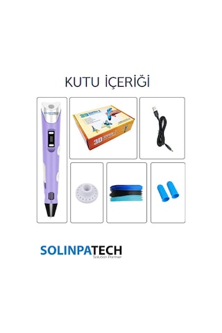 Mor 3D Kalem 3D Pen 3 Boyutlu Yazıcı Kalem 3 Renk 9 Metre Filament + USB KABLO