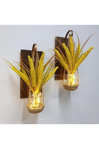 Duvar Dekoru, Led Işıklı, Sarı Cipso Çiçekli, Ceviz Aplik İkili Set