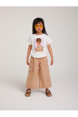 Escabel Kız Çocuk Pamuklu Kız Figürlü T-shirt-14121 Ekru